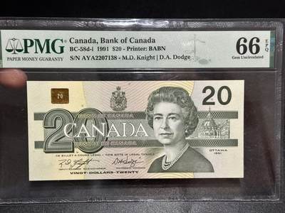 《外钞收藏家》第五百九十五期（优品场）（本平台长期征集拍品、欢迎藏友们联系合作） - 1991年加拿大鸟版20加元 PMG66 尾138