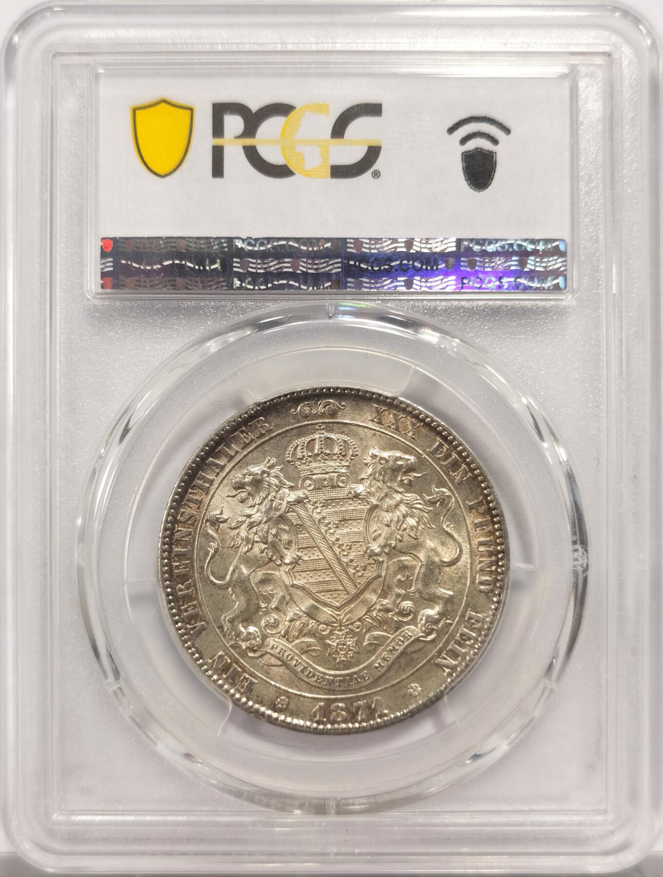 博洋堂世界钱币拍卖第153期（全场包邮） PCGS MS62 德国萨克森1871年双狮流通1泰勒 胜利年份流通泰勒 黄油转光