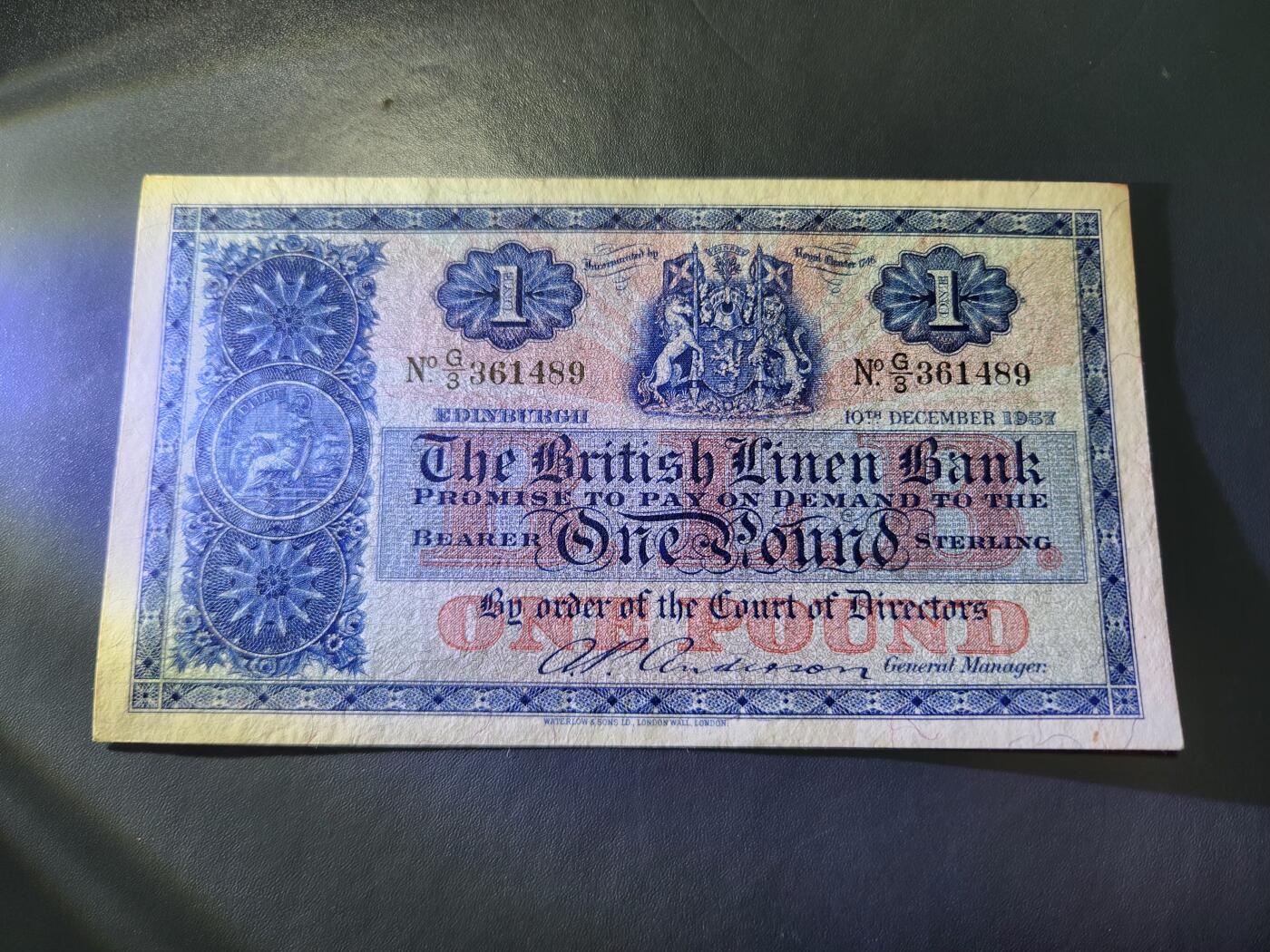 12月17号晚上8点 外国纸币自动截拍第73场 苏格兰1957年1镑 几乎全新