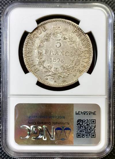 甄臻铺-世界币章拍卖（第44期）精品场拍品征集中，送拍享返佣金等优惠多多 NGC-MS62 1875年法国大力神5法郎，包浆自然，细节不错