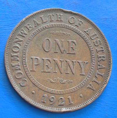 外国优质老铜币高银银币，周六九点倒数截拍，满百包邮，持续收拍 - 澳大利亚1921年大便士铜币，正面乔治五世像，背刻 “ONE PENNY” 等，见证澳货币史，大尺寸（31mm）、年代久
