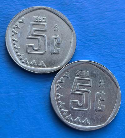 外国优质老铜币高银银币，周六九点倒数截拍，满百包邮，持续收拍 - 墨西哥1993年-2001年5分2枚