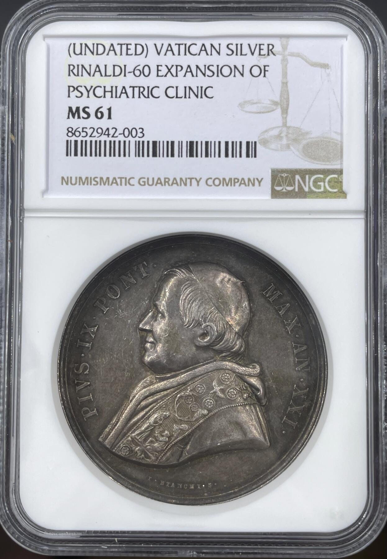 「木头集藏」“冬至雅藏”——章牌精品专场！ 1866年梵蒂冈教皇庇护九世“精神病诊所扩建”纪念银章，MS 61，较少见教皇银章。