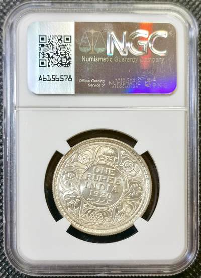 甄臻铺-世界币章拍卖（第44期）精品场拍品征集中，送拍享返佣金等优惠多多 NGC-MS62 1919年英属印度卷拆卢比，乔治五世卢比
