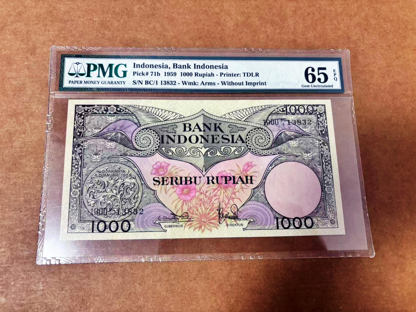 【Blue Auction】世界纸币精拍第764期——18级TOP拍卖/信誉/品质/专业/高效💫 【无47】印尼 1959年1000卢比 天堂鸟 PMG65EPQ 