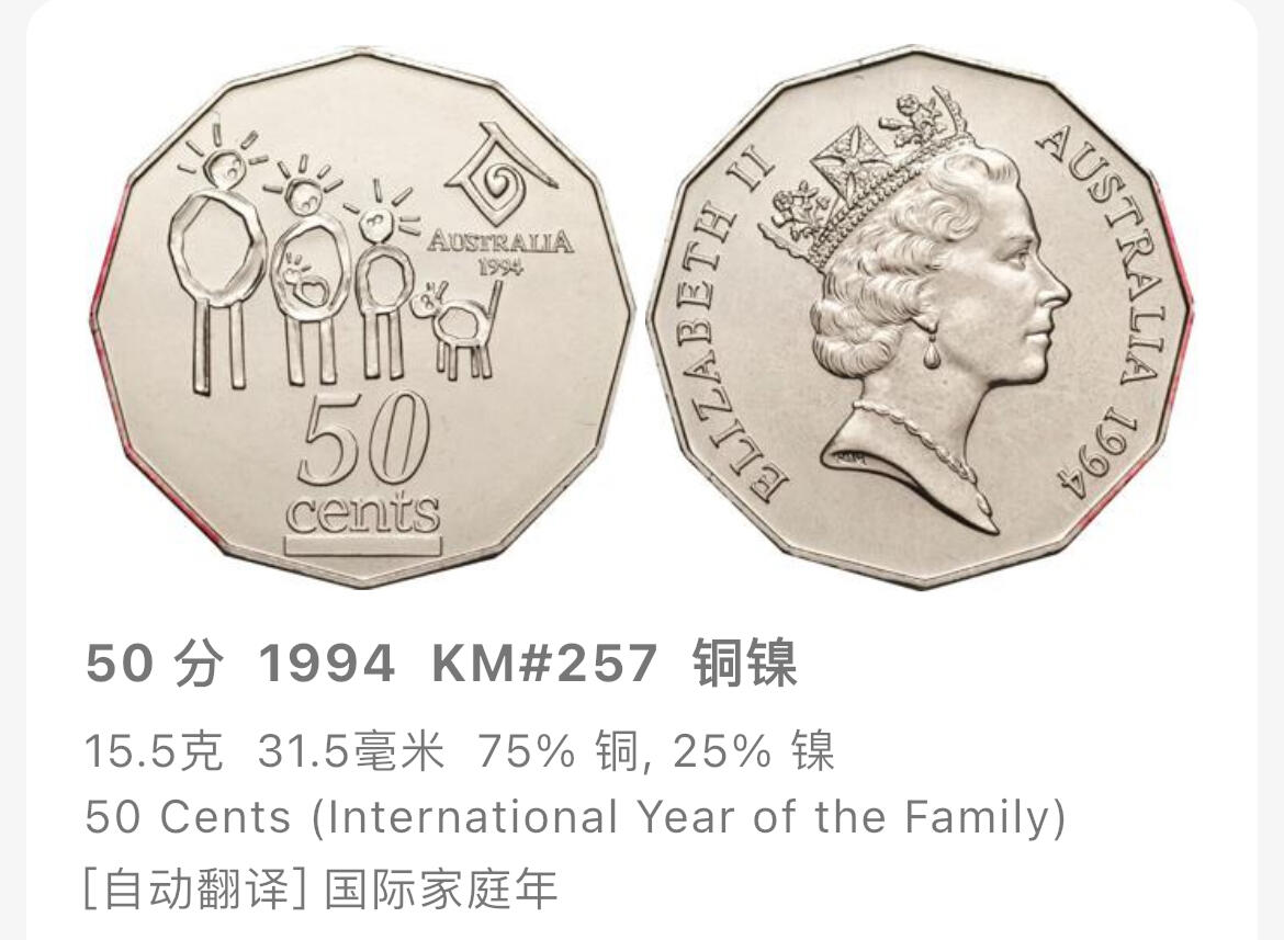 回流1222 澳大利亚1994年国际家庭年50分纪念币