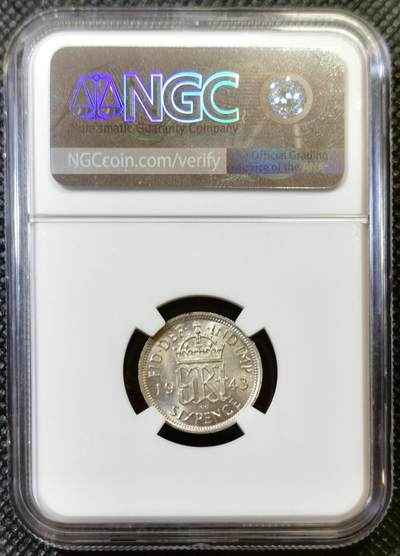 甄臻铺-世界币章拍卖（第44期）精品场拍品征集中，送拍享返佣金等优惠多多 NGC-MS64 英国1943年乔治六世六便士银币，BU卷拆，爱情幸运币寓意好，可藏状态