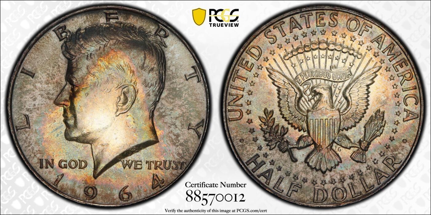 博洋堂世界钱币拍卖第153期（全场包邮） PCGS MS64 美国1964年半美元银币，肯尼迪50美分首年份，双面黑彩，包浆彩好看，带官网高清照片