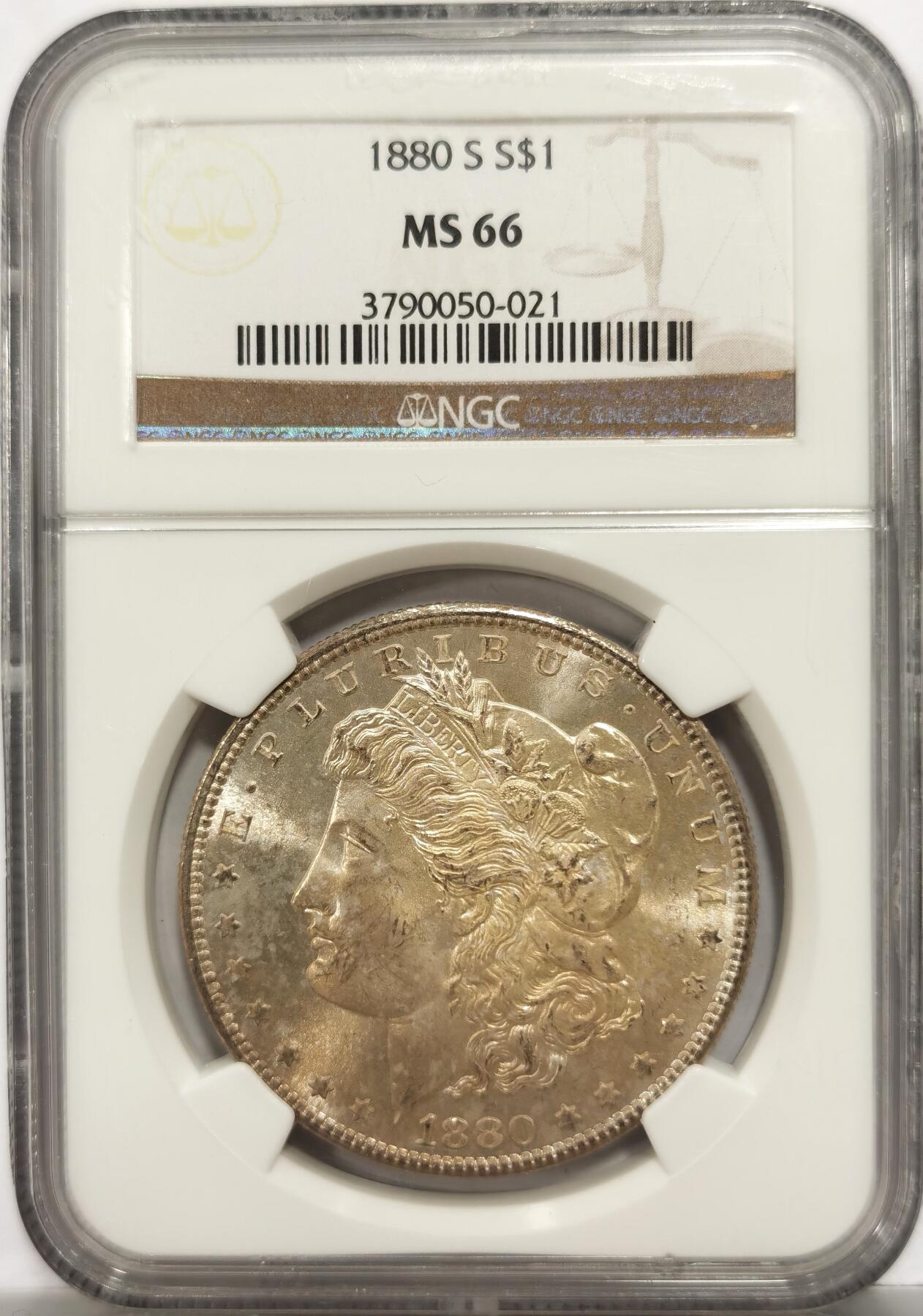 博洋堂世界钱币拍卖第153期（全场包邮） NGC MS66 美国1880 S 摩根 人像面覆盖黄彩包浆