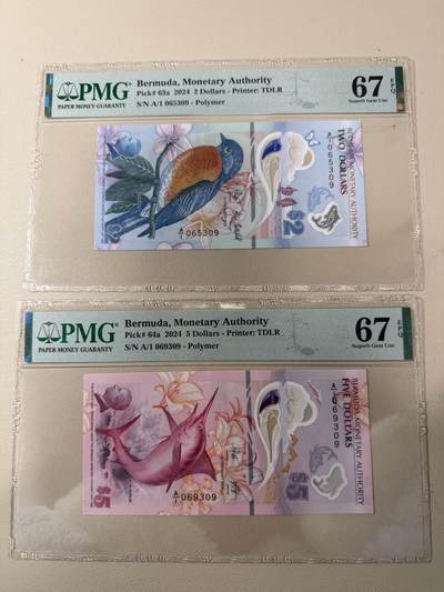 【礼羽收藏】🌏世界钱币拍卖第117期 - 【A/1 065309、A/1 069309】2024年百慕大新版2、5面值塑料钞  A1首发冠 全部无47号码 尾309 尾3同 PMG67