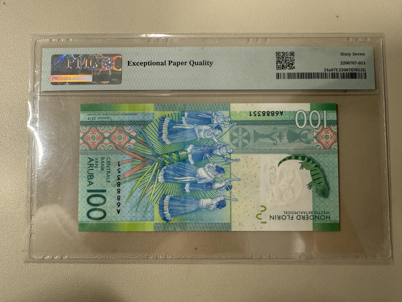 【礼羽收藏】🌏世界钱币拍卖第117期 【A6888351】2019年阿鲁巴100面值无47号码纸币PMG67