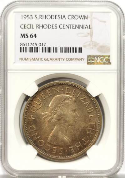 博洋堂世界钱币拍卖第153期（全场包邮） - NGC MS64 南罗德西亚1953年1克朗大银币，双面淡紫色包浆，非常入眼的一枚
