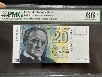 《外钞收藏家》第五百九十五期（优品场）（本平台长期征集拍品、欢迎藏友们联系合作） - 1993年芬兰20马克 PMG66 尾261