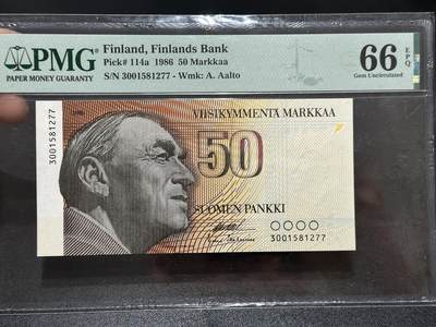 《外钞收藏家》第五百九十五期（优品场）（本平台长期征集拍品、欢迎藏友们联系合作） - 1986年芬兰50马克 PMG66 尾277