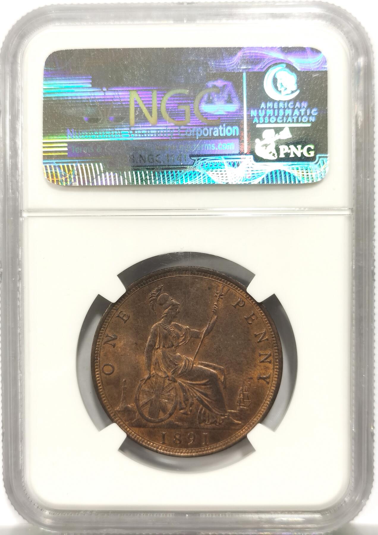 博洋堂世界钱币拍卖第153期（全场包邮） NGC MS64BN 英国1891年维多利亚1便士，币面完美精致，光度一流，收藏级别
