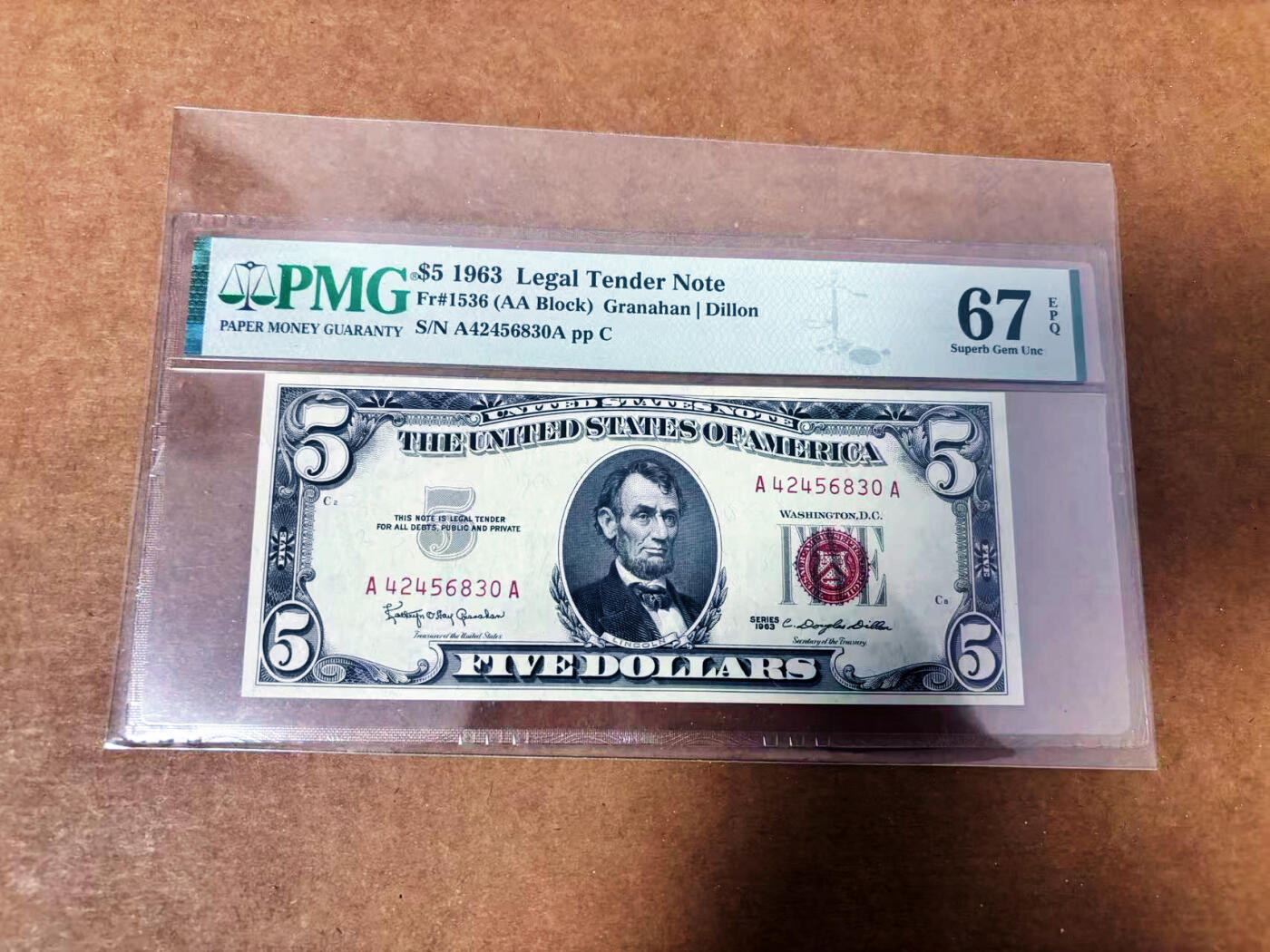 【Blue Auction】世界纸币精拍第764期——18级TOP拍卖/信誉/品质/专业/高效💫 【AA】美国 1963年5美金 PMG67EPQ 