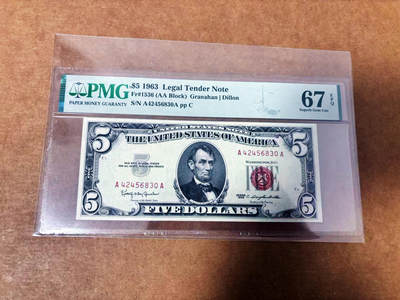 【Blue Auction】世界纸币精拍第764期——18级TOP拍卖/信誉/品质/专业/高效💫 - 【AA】美国 1963年5美金 PMG67EPQ 