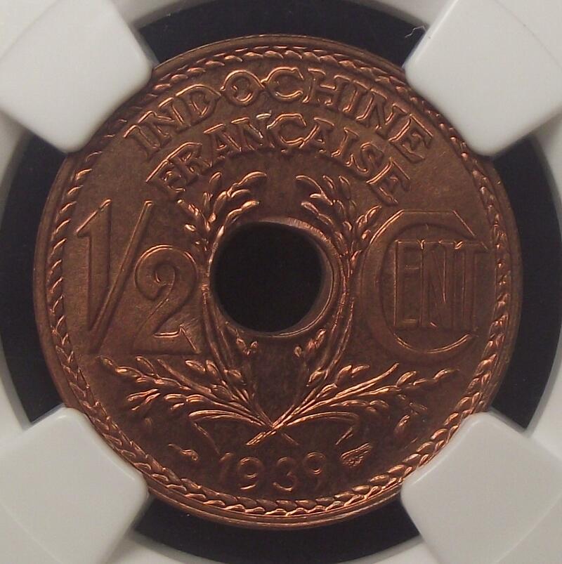 【NGC-MS66RD冠军】法属印支1939年1/2分铜币