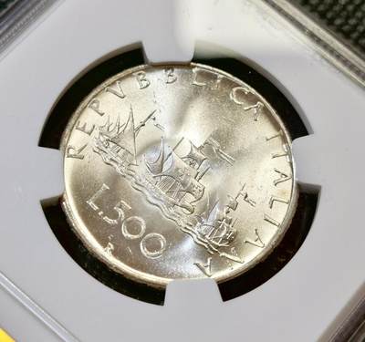 甄臻铺-世界币章拍卖（第44期）精品场拍品征集中，送拍享返佣金等优惠多多 NGC-MS66 1966年意大利500里拉，帆船少女很好看，高分卷拆，地板PL质感