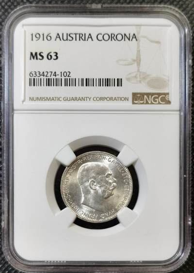 甄臻铺-世界币章拍卖（第44期）精品场拍品征集中，送拍享返佣金等优惠多多 - NGC-MS63 奥地利1916年1克朗银币 高分超级转光 弗朗茨约瑟夫一世 皇后是大名鼎鼎的茜茜公主