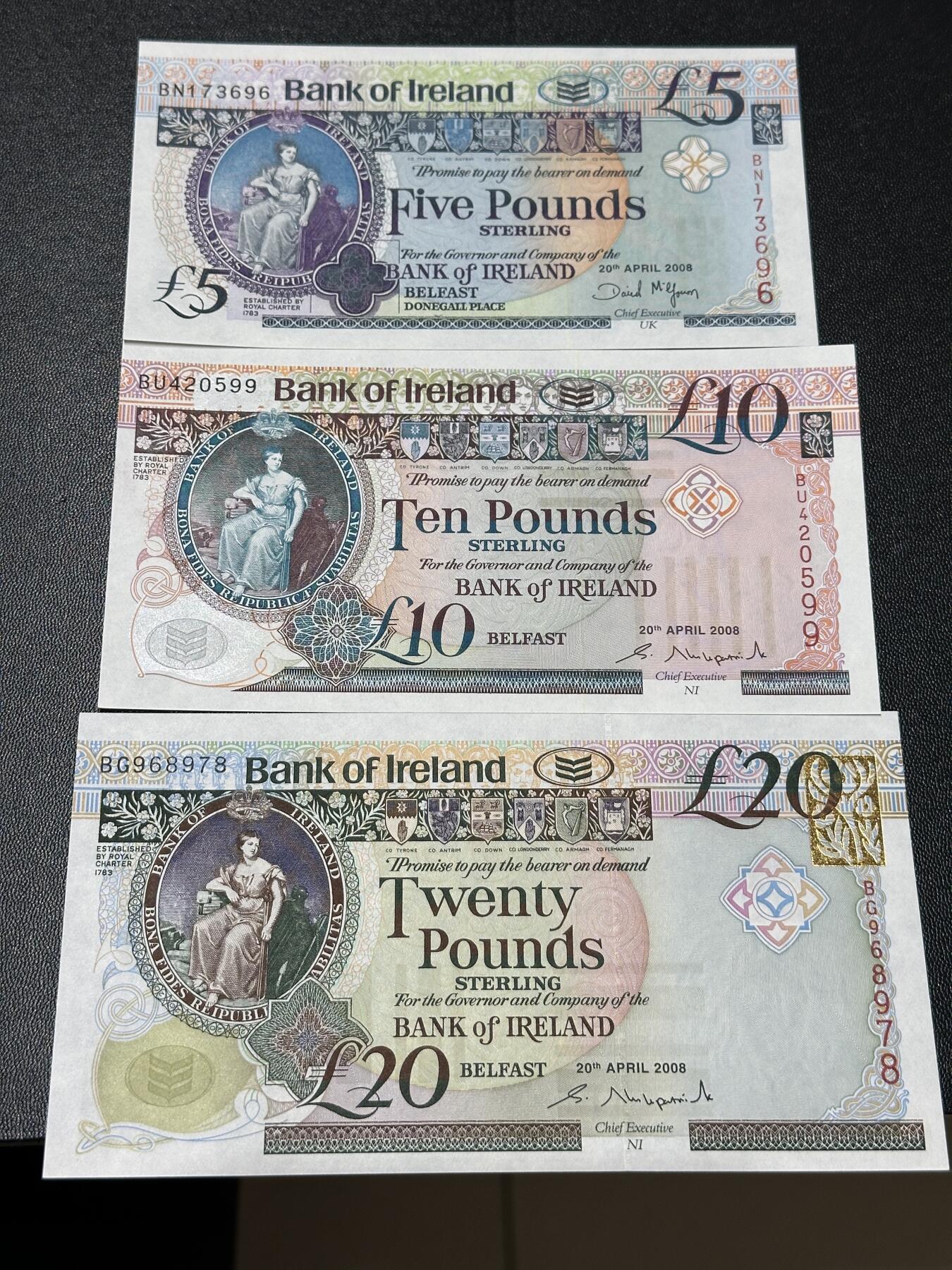 《外钞收藏家》第五百九十五期（优品场）（本平台长期征集拍品、欢迎藏友们联系合作） 爱尔兰5、10、20镑 3张一起 全新UNC 