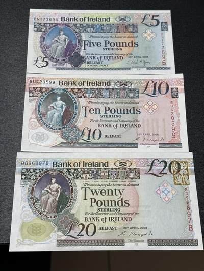 《外钞收藏家》第五百九十五期（优品场）（本平台长期征集拍品、欢迎藏友们联系合作） - 爱尔兰5、10、20镑 3张一起 全新UNC 