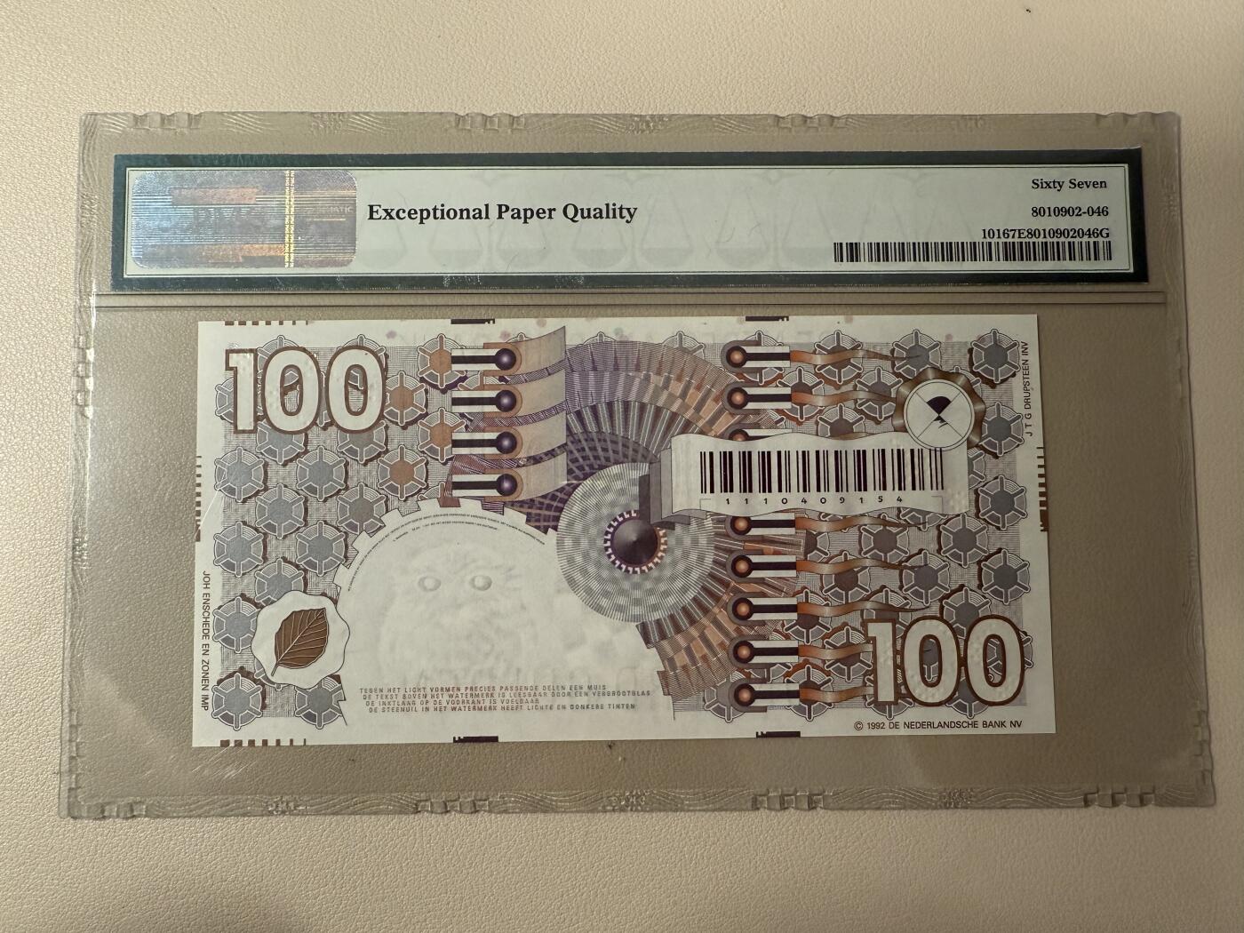 【礼羽收藏】🌏世界钱币拍卖第117期 【1110409154】1992年荷兰100面值纸币PMG67