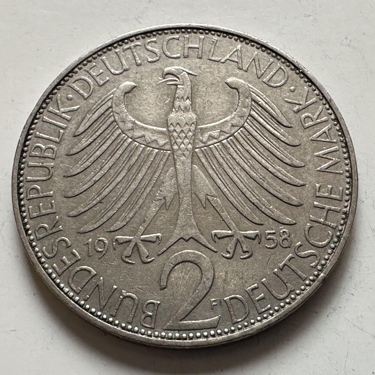 🌹外币初藏🌹🐯2025年第143场  每周二四六晚8️⃣点 接代拍 德国1958年F版 2马克 普朗克