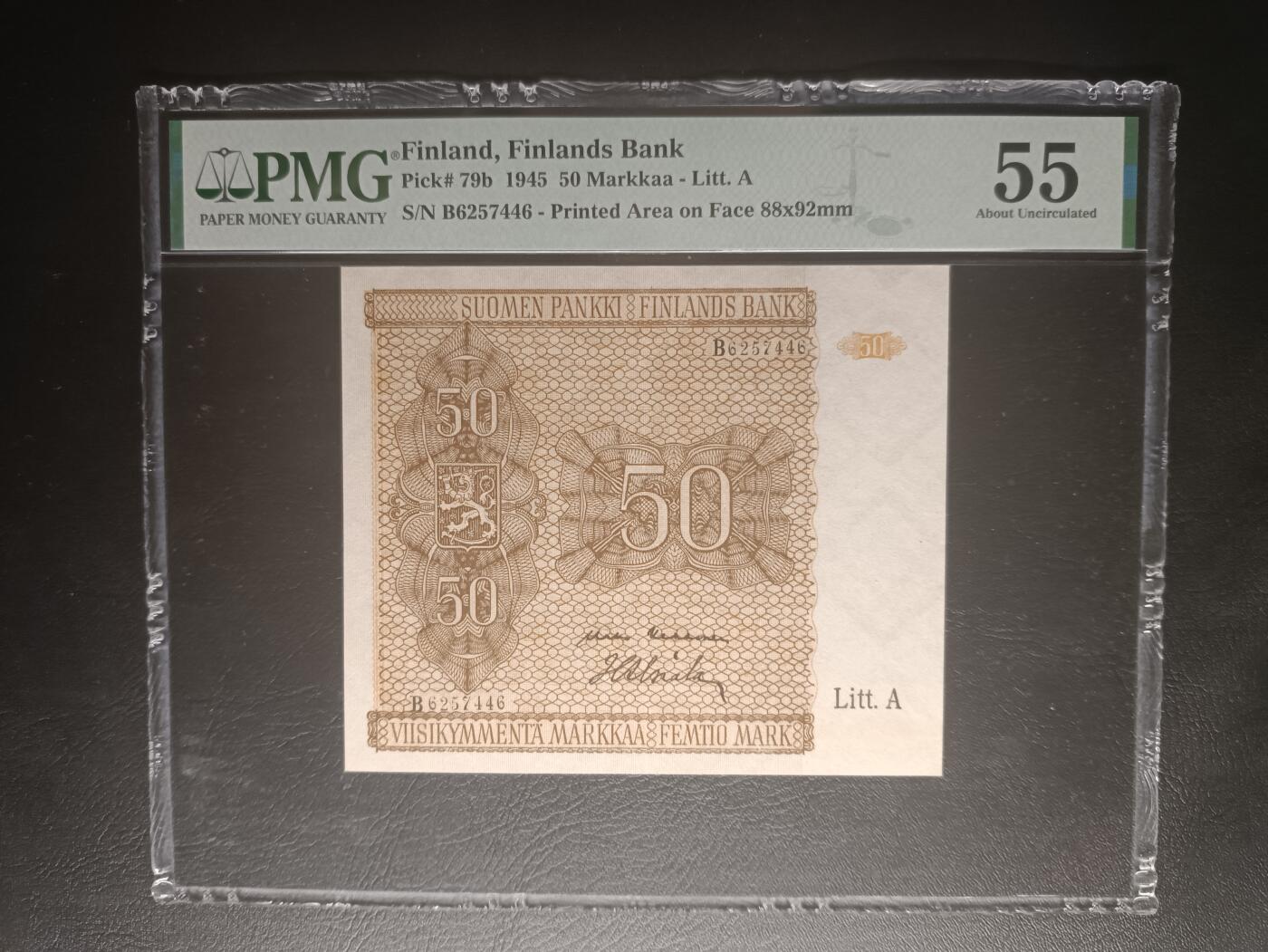 2025十二月第四期，总209期 芬兰1945版50马克PMG55分首批次A，早期经典方块设计