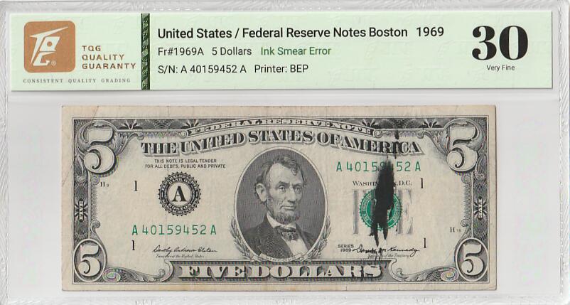 2025十二月第四期，总209期 美国1969年版5元TQG30分，由于正面漏墨失误造成了一种有趣的错版品种