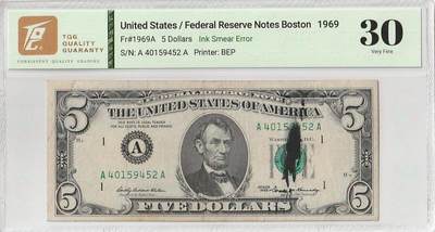 2025十二月第四期，总209期 - 美国1969年版5元TQG30分，由于正面漏墨失误造成了一种有趣的错版品种