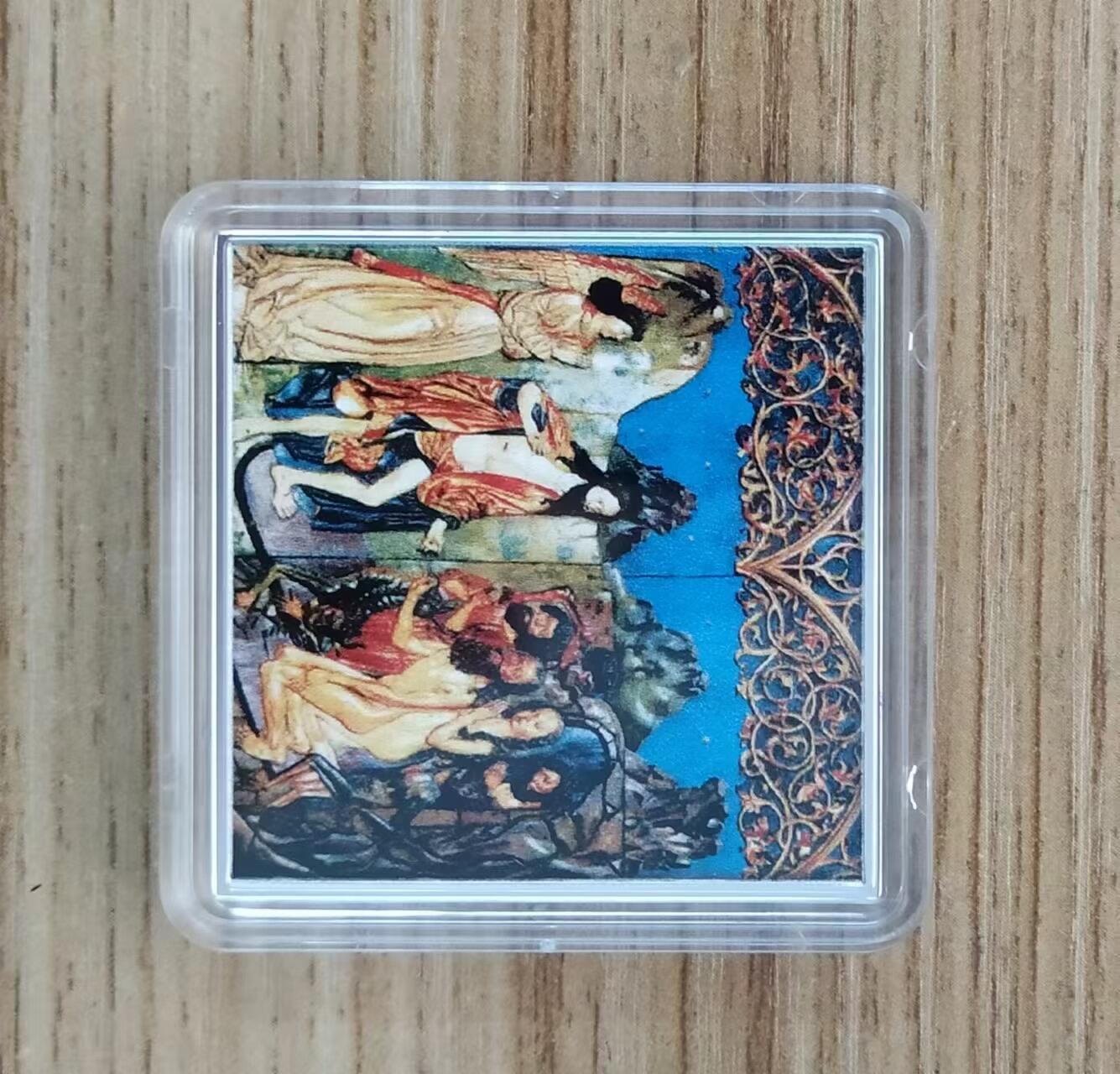 第185期拍卖  纽埃2016年，罗马诺 名画系列-“耶稣和抹大拉的玛利亚”，异形、彩色精制银币. 盒证全. 带展示支架的原盒，高颜值漂亮银币. 大师名画系列银币. 国外售价151美元