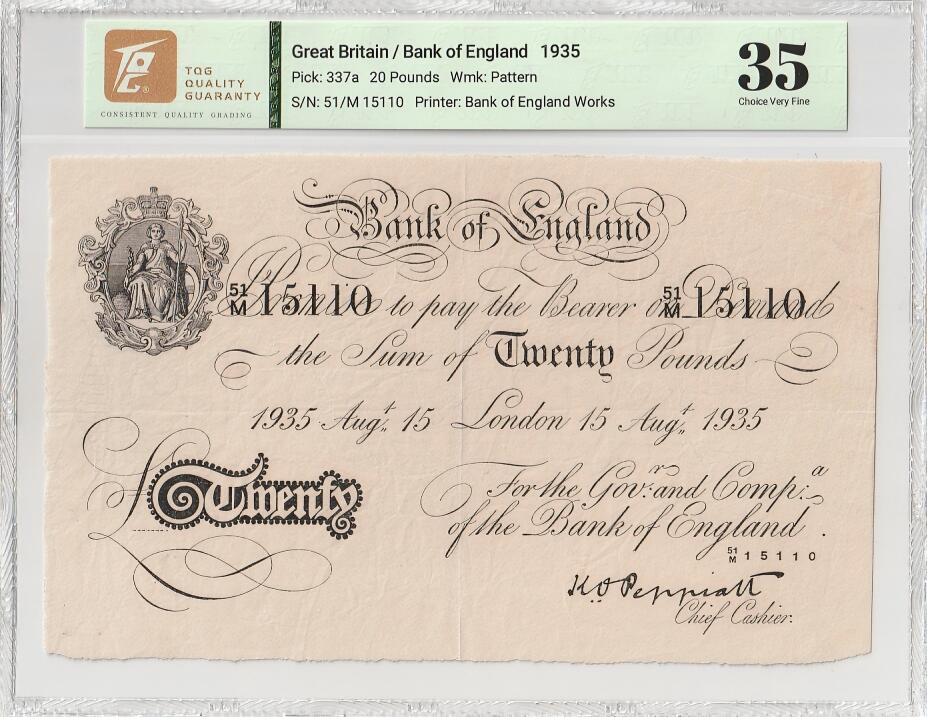 2025十二月第四期，总209期 英格兰1935年20镑TQG35分，作为知名度极高且经典的“白色英镑”，是当年财富的象征，虽然设计简洁但水印和油墨的防伪细致，二战前发行年份更加稀有，是不可错过的经典英镑品种