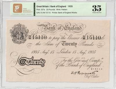 2025十二月第四期，总209期 - 英格兰1935年20镑TQG35分，作为知名度极高且经典的“白色英镑”，是当年财富的象征，虽然设计简洁但水印和油墨的防伪细致，二战前发行年份更加稀有，是不可错过的经典英镑品种