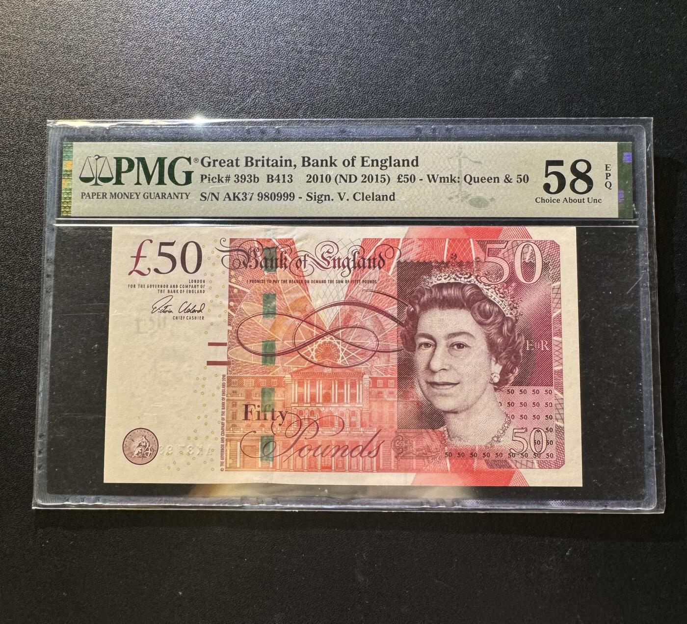 【外币出坑】0元0佣金起拍 无保留价 英国F序列 50磅 倒置豹子号 PMG58E