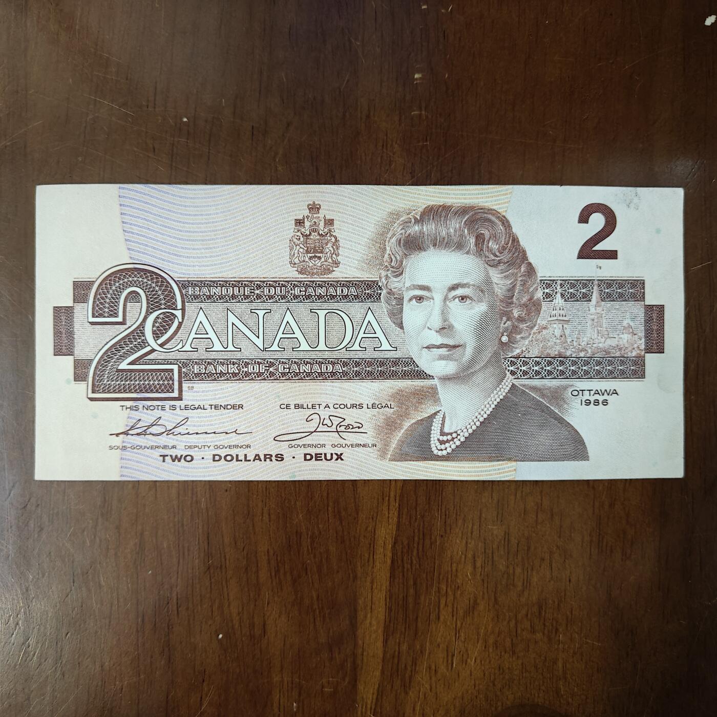 美洲加拿大1986年2圆纸币 鸟版 流通品原票原图片