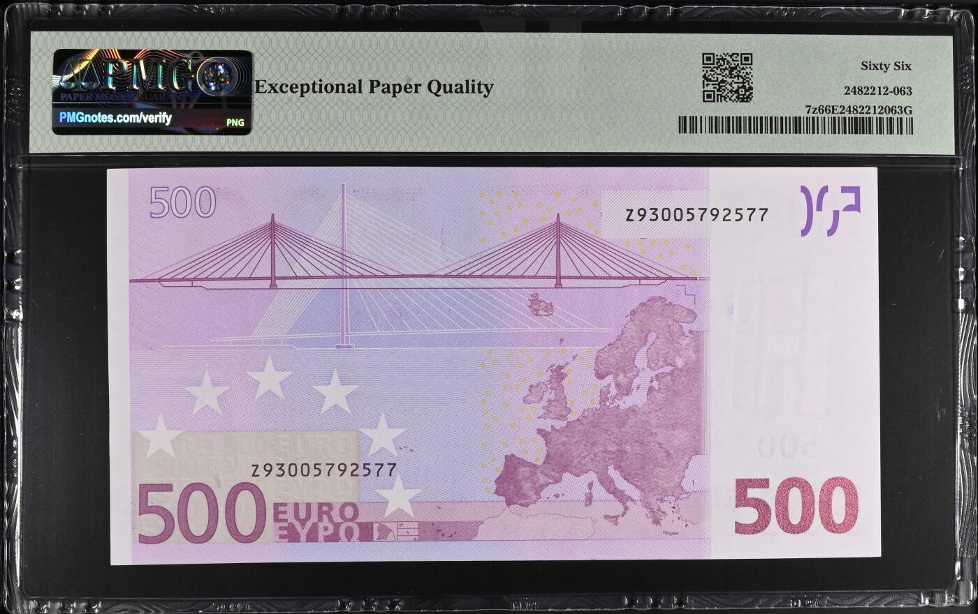 《艾美收藏》第225期-12.15周日外币精选场 比利时版一签2002年500欧元最高值PMG66E长号段全程无4 Pick#7z 少见国别 欧元精品