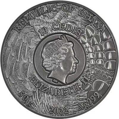 第185期拍卖 【龙头币】加纳2022，狂野杀手(1)-黑豹猎鸟，50克加大(直径达50mm)超高浮雕,仿古镀金银币. 盒证全. 龙头币 (狂野系列第一枚)，该系列即将发行第三枚. 实物图案超漂亮、立体. 新热门，国外售价348美元