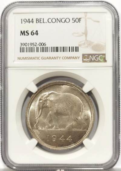 博洋堂世界钱币拍卖第153期（全场包邮） - NGC MS64 比属刚果1944年大象50法郎银币 非洲名誉品 原味自然老包浆 光泽优美舒服 状态顶流 威武雄壮的非洲象 仅一枚高半分 藏家之选