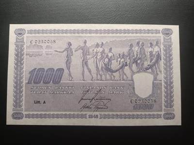 2025十二月第四期，总209期 - 芬兰1945年1000马克AUNC首批次A，此系列极稀有的大票幅大面值，象征着民族的起源和前进的意境画和国徽
