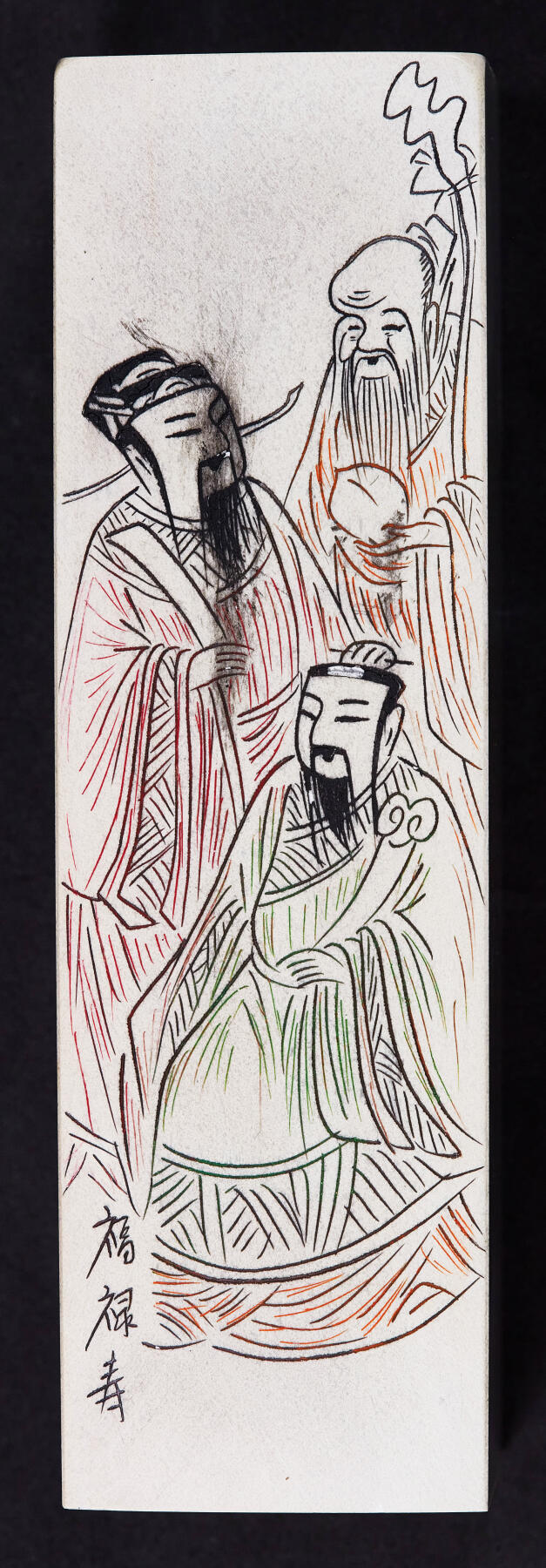 【俄甄集藏】2026年(046)01-07 星期三 晚 19:30 全场包邮 精美青田石老料微雕“福禄寿”印章（产地中国浙江），高：120mm，底座：35mmx35mm，重：409.98克，雕工精美，寓意很好