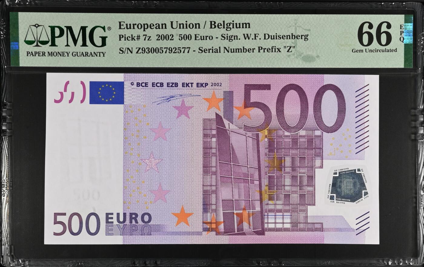 《艾美收藏》第225期-12.15周日外币精选场 比利时版一签2002年500欧元最高值PMG66E长号段全程无4 Pick#7z 少见国别 欧元精品