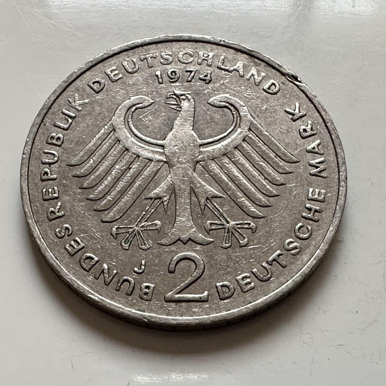 🌹外币初藏🌹🐯2025年第143场  每周二四六晚8️⃣点 接代拍 德国1974年J版 2马克 阿登纳