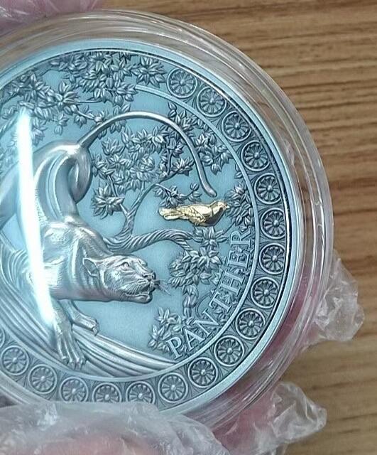 第185期拍卖 【龙头币】加纳2022，狂野杀手(1)-黑豹猎鸟，50克加大(直径达50mm)超高浮雕,仿古镀金银币. 盒证全. 龙头币 (狂野系列第一枚)，该系列即将发行第三枚. 实物图案超漂亮、立体. 新热门，国外售价348美元