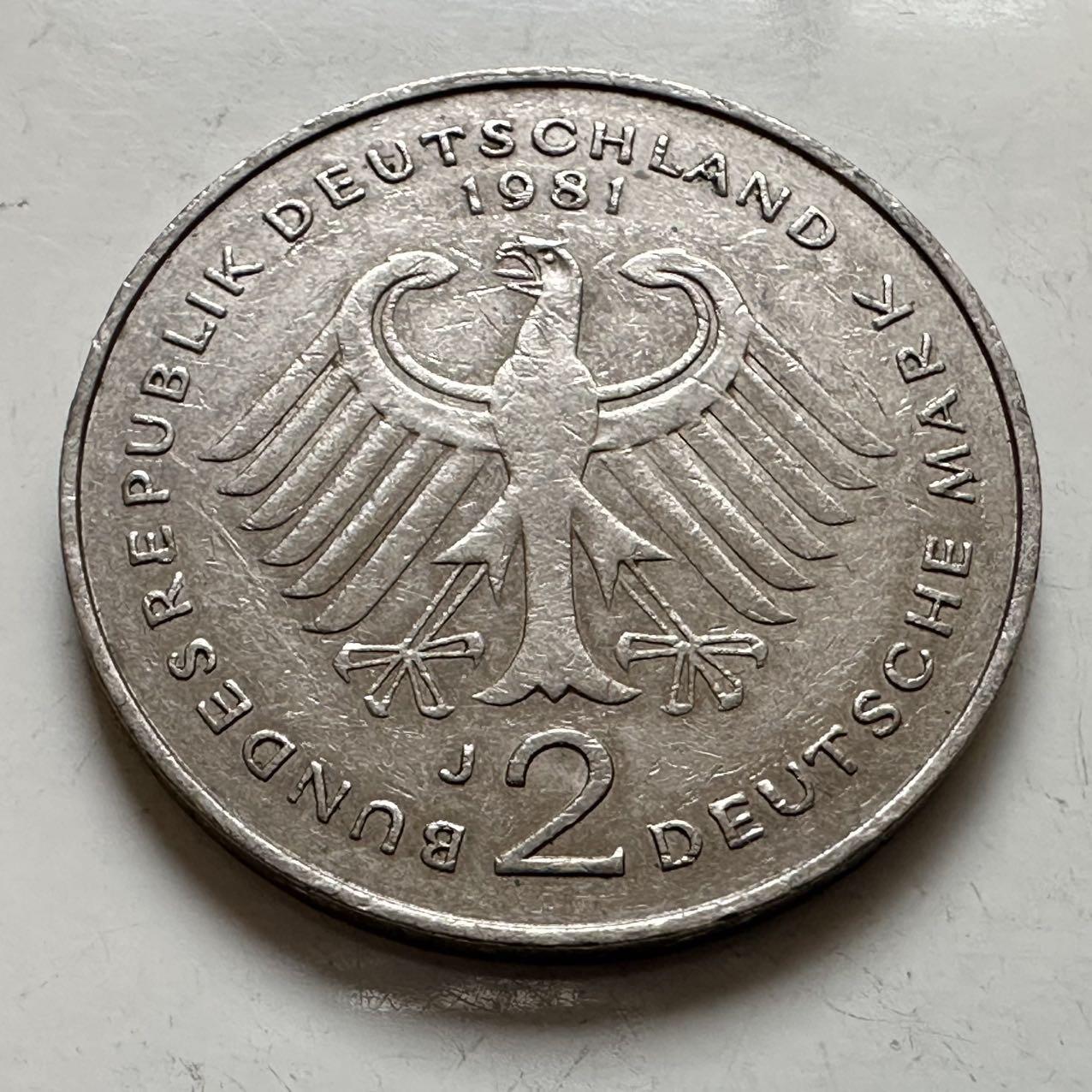 🌹外币初藏🌹🐯2025年第143场  每周二四六晚8️⃣点 接代拍 德国1981年J版 2马克 阿登纳