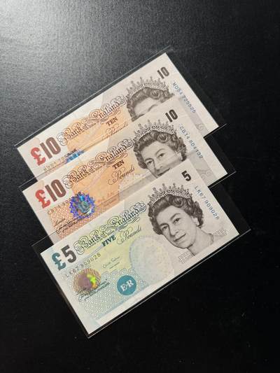【外币出坑】0元0佣金起拍 无保留价 - 英国F序列 5磅 10磅 全新Unc 共3枚