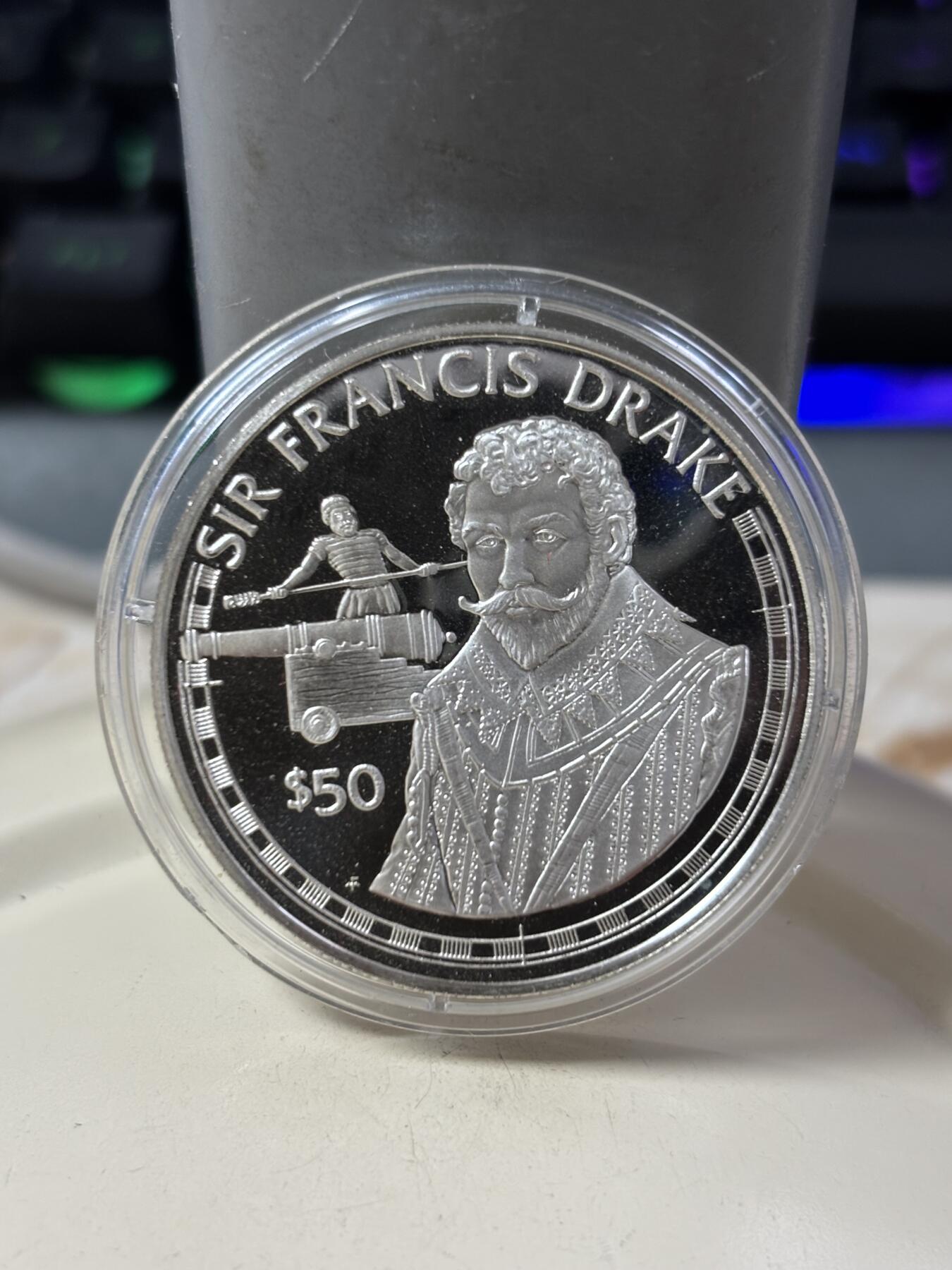 第185期拍卖 库克1988年弗朗西斯·德雷克爵士纪念银币，20.94克，925银，银价289.6元