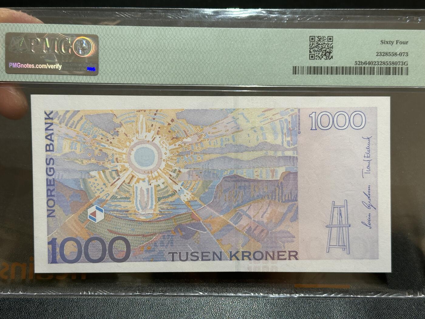 《外钞收藏家》第五百九十五期（优品场）（本平台长期征集拍品、欢迎藏友们联系合作） 2004年挪威1000克朗 蒙克 PMG64 无47靓号