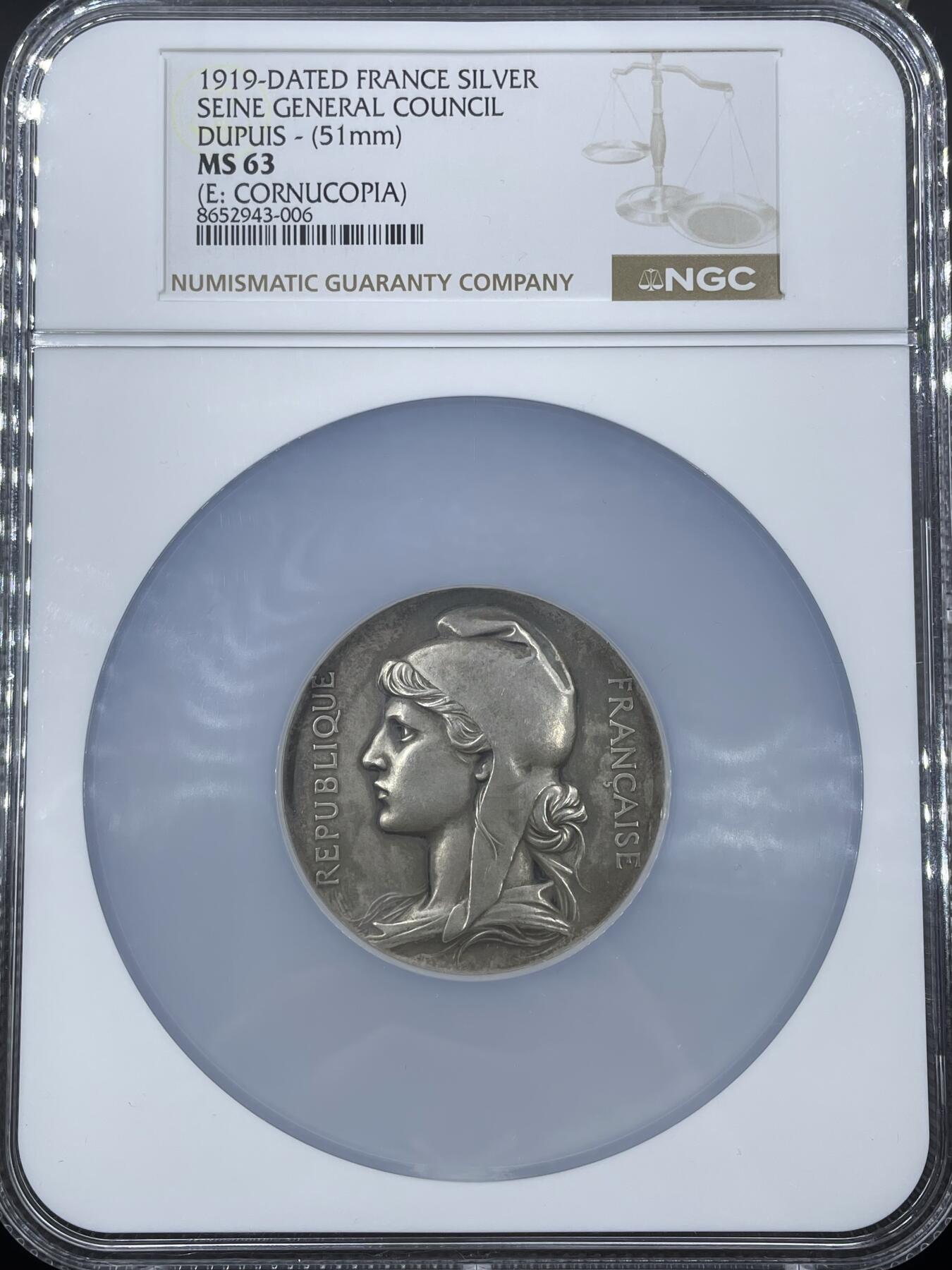 「木头集藏」“冬至雅藏”——章牌精品专场！ D.Dupuis～1919年法国塞纳省总理事会银章，MS 63 ，直径：51 mm，少见背面版本，品相很不错！