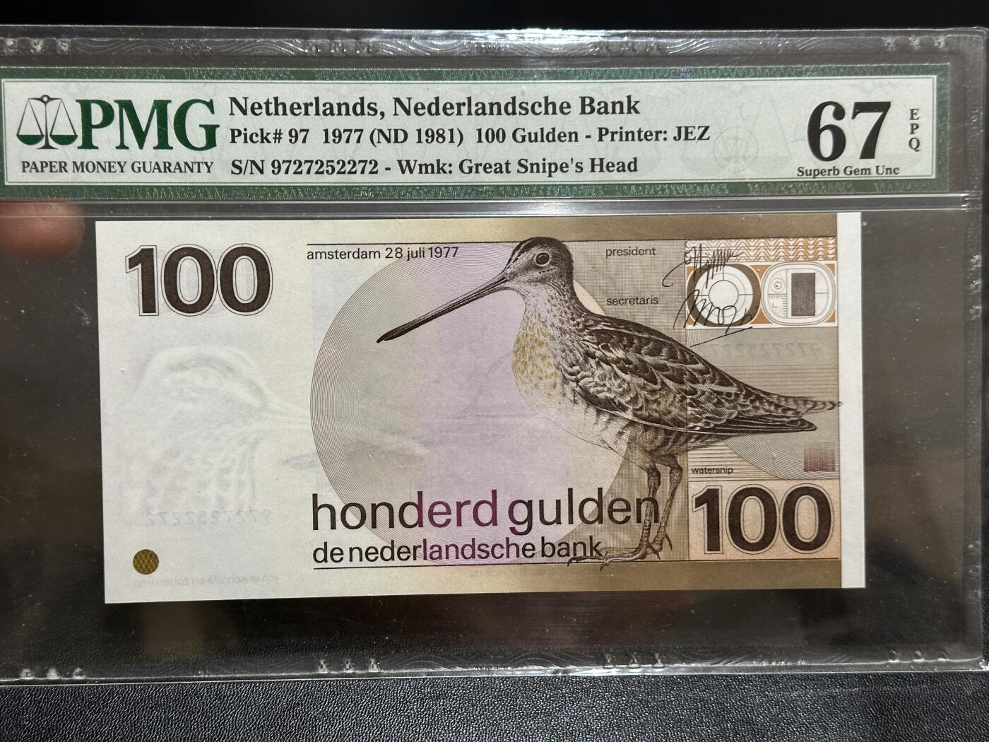 《外钞收藏家》第五百九十五期（优品场）（本平台长期征集拍品、欢迎藏友们联系合作） 1977年荷兰100盾 水鸟 PMG67 三剑客之一